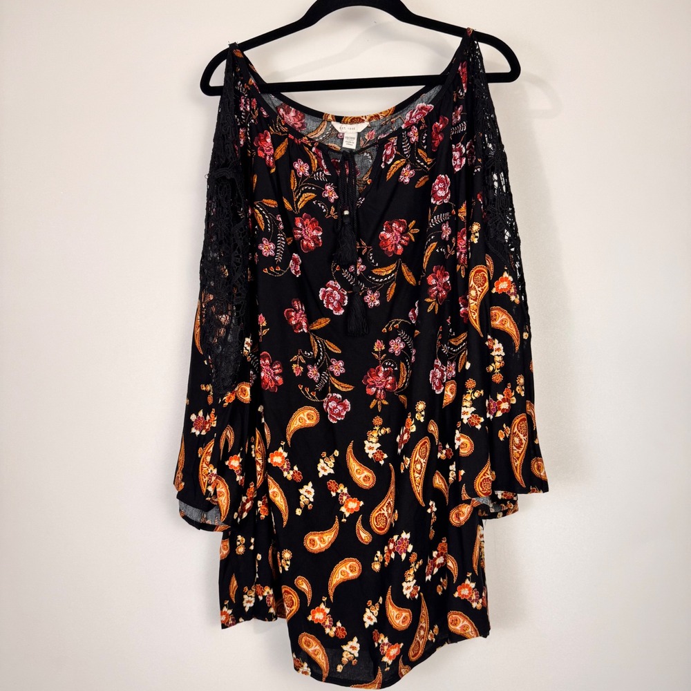 Est. 1946 Top Womens 18/20W Black Cold Shoulder Floral Paisley Lace Boho